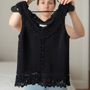 Kroshetta Black Crochet Knit Tank Top Scalloped Festival Boho Vintage Sleeveless
